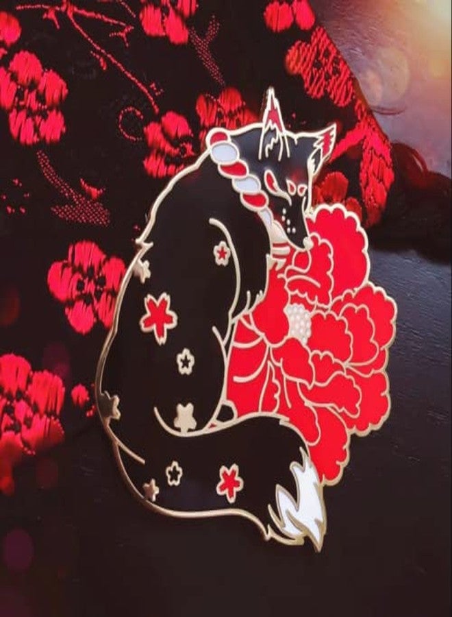 Untitled Black Kitsune Fox Red Flowers Japanese Enamel Pin Novelty Brooch Buttons Jewelry for Jackets Jeans Backpack Cloth Lapel Bag Hat Gift for Anime Lovers Men Women Girl Boy - Image 3